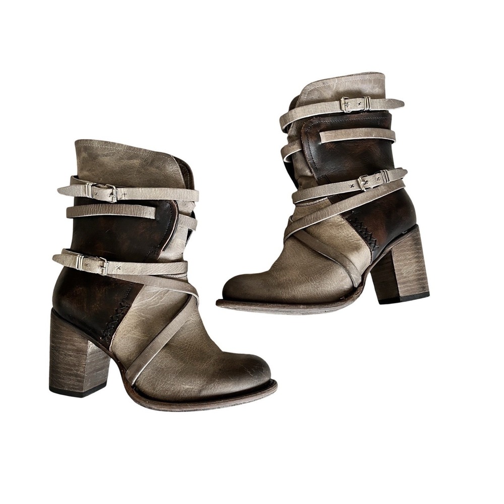 Freebird By Steven Leather Zip Strappy Ankle Boots Baker‎ Gray Brown   Heel 8